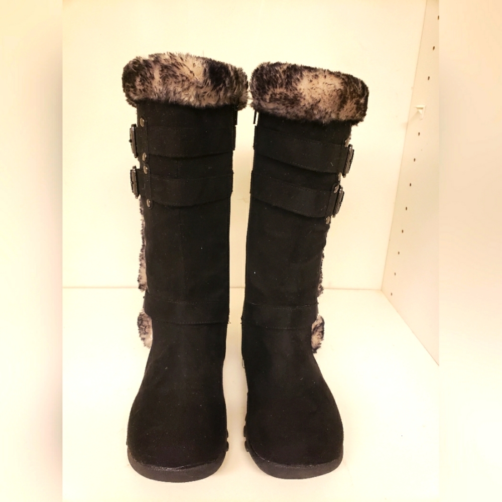 Hot Cakes Haley Buckle Boots Black Faux Fur Leopard inside Size 1M girls